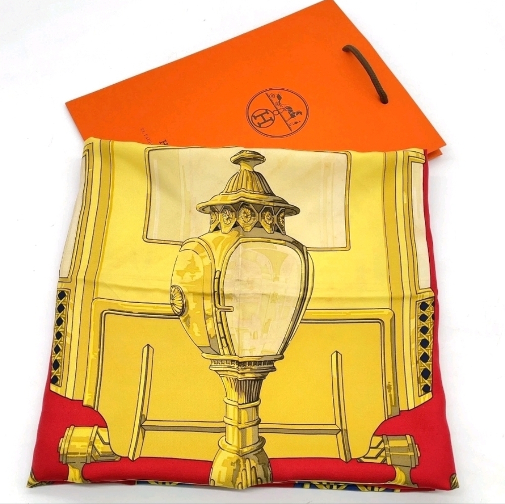 Auth Hermes Carré 90 FEUX DE ROUTE  Red x Yellow x Navy Silk Scarf W/Bag